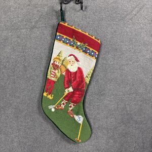 Vintage Needlepoint Golfing Santa Christmas Stocking